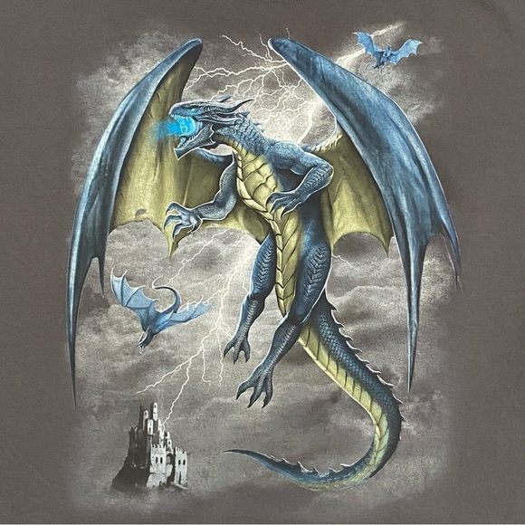 Dragon T-shirt Gray Azure Dragons Lightning Castle Size Men's 3XL - Picture 2 of 5